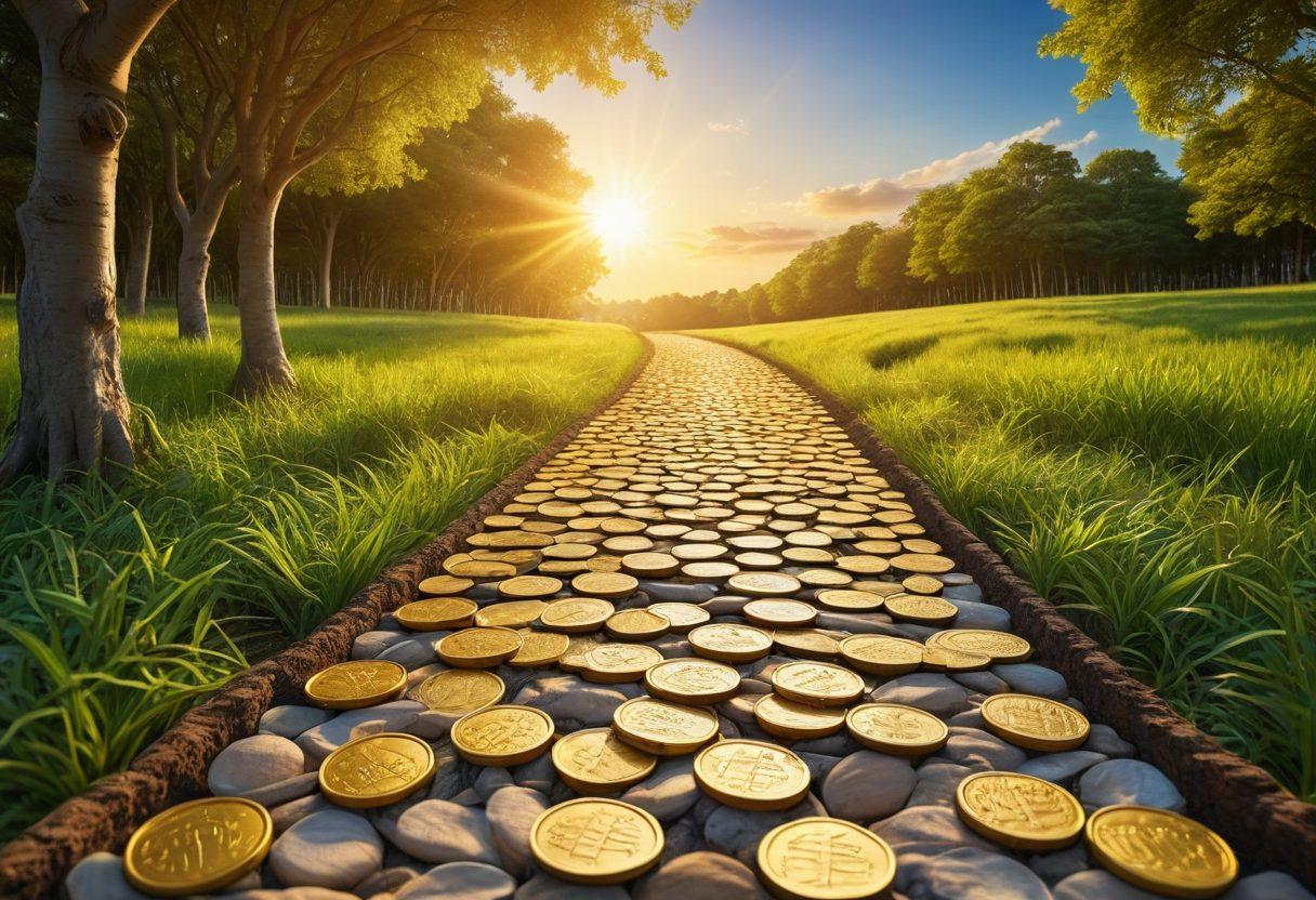 A visually appealing pathway made of golden coins leading towards a bright horizon, lined with inspiring quotes about financial success on signposts. Flanking the path are lush green trees symbolizing growth, with a clear blue sky above. The scene conveys a sense of mastery and optimism about achieving financial security. super-realistic. vibrant colors. motivational atmosphere.